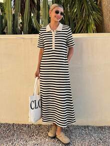 Livesso Ladies' Striped Straight Long Dress Sundress, Casual Women Dress - Black and White - View 1