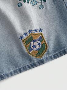 ROMWE MEN Men's World Cup Embroidered Pattern Loose Denim Shorts Brazil - Blue - View 5