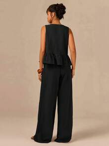 Athîral Women's Vacation Casual Solid Color Tank Top And Long Pants 2 Pieces Set - Black - View 2