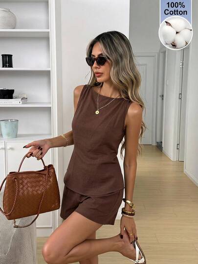 Easowa Women's 2-Piece Set: Boat Neck Back Tie Cinched Sleeveless Blouse And A-Line Shorts, Coffee Brown, 100 Cotton, Casual Elegant Vacation Travel Summer