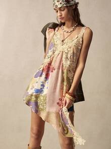 Bohemela Summer/Fall Vacation Casual Floral Lace Patchwork Ruffle Strap Women's Top, Daily Wear, Country Concert Party, Back To School - Multicolor - View 2