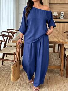 Weeklong Women's Plus Size Spring/Summer Casual Vacation Asymmetric Shoulder Loose Curved Leg Pants 2 Pieces Set, Suitable For Daily And Vacation Wear Fall - Blue - View 3