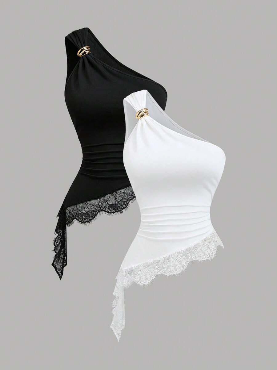 SHEIN EZwear European & American Style Sexy Design Summer Asymmetric Neck Metal Buckle Decor Lace Patchwork Asymmetrical Hem Black & White Set Women's Top - Black and White - View 1