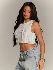 Denimoi Women's Spring/Summer Solid Color Sexy Cropped Sleeveless Crochet Knit Sweater Top - White - View 4