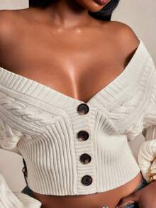 Radiana Curve Plus Size Women's Autumn/Winter Elegant Casual Traditional Cropped Drop Shoulder Gigot Sleeve Cardigan Sweater Wedding Morning Date Night White Fall - Apricot - View 7