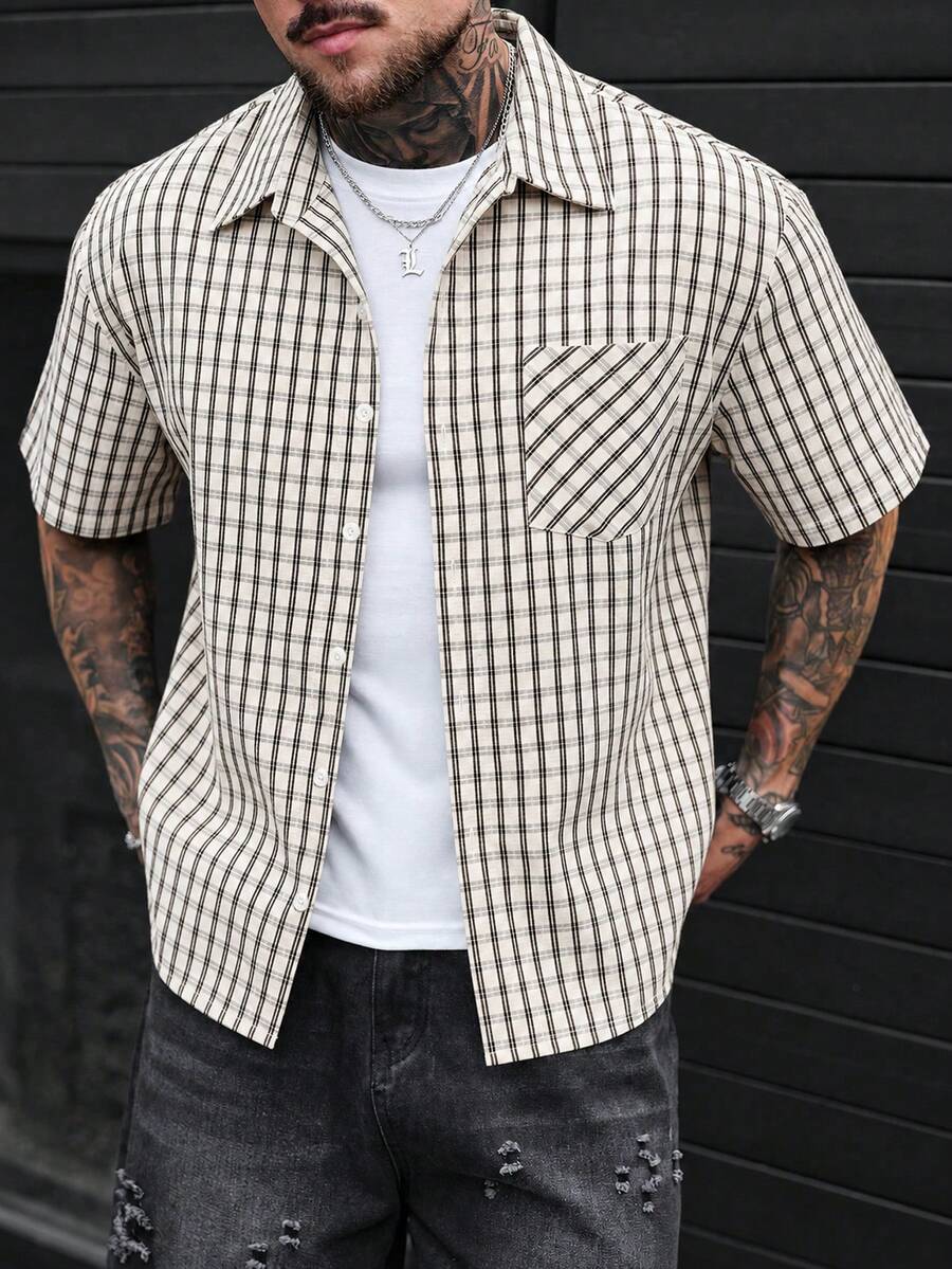 Manfinity CasualCool Men's Plaid Print Patch Pocket Front Button Casual Short Sleeve Shirt - Black and White - View 1