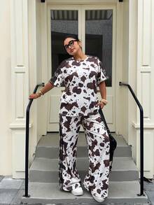 SHEIN EZwear 大尺碼女款牛紋短袖上衣與長褲休閒日常兩件套 - 彩色 - 查看 7