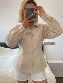 DAZY 女款純色單排扣休閒百搭日常穿著襯衫 度假風 - 杏色 - 查看 8