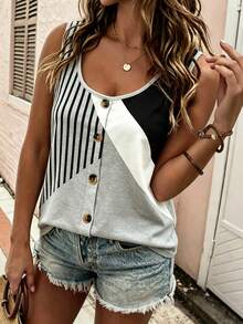 EMERY ROSE Plus Size Women's Minimalist Geometric Colorblock Striped Tank Top, European And American Style Casual Daily Wear, Button Decor Design Top, Spring/Summer Loose Sleeveless Top - Multicolor - View 3