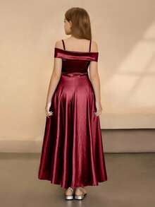 Tween Girls Burgundy Back To School Asym Neck Strap Cold Shoulder Dress, Party Vacation Summer Autumn Fall - Burgundy - View 3