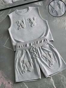 AXEPEAK Herren Sommer Lässig Buchstaben Besticktes Tanktop und Shorts Set - Grau - Übersicht 1