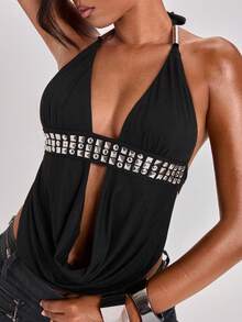 ACID BLVD Spring/Summer Y2K Retro Hot Girl Party Outfit: Spliced Rivet-Decorated Deep V Halter Top With Draped Waist Cutouts - Black - View 1