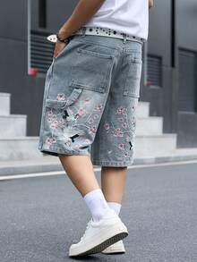 Manfinity EMRG 男士街頭風休閒刺繡藍色牛仔短褲 - 淺色水洗藍 - 查看 4