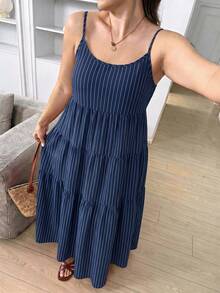 Comfylo Striped Plus Size Women's Pleated Casual Party Travel Spaghetti Strap Dress - Multicolor - View 3