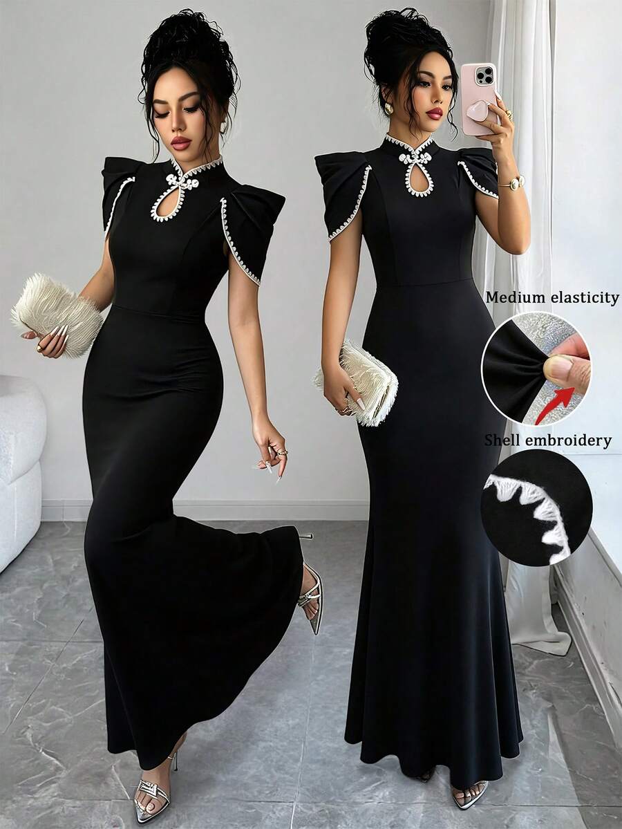 Elenzga Damen-Modekleid mit Stickerei, vielseitig, Froschknopf und Fischschwanz-Saum - Schwarz - Übersicht 1