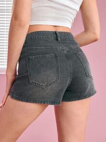 HELLO KITTY AND FRIENDS | SHEIN Women's Casual Versatile Daily Denim Shorts With Pockets And Buttons - Blue - View 2