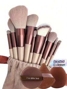 17/13pcs Makeup Brush Set: Includes 13 Makeup Brushes, 1 Teardrop-Shaped Powder Puff, 1 Round Powder Puff And 1 Triangle Powder Puff - Classic Set. Made Of Soft Skin-Friendly Synthetic Bristles. - Multicolor - View 2