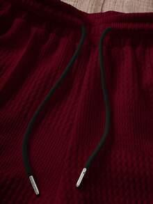 Manfinity Joysei Men's Solid Color Knitted Textured Zipper Collar Polo Shirt And Drawstring Waist Shorts Set - Burgundy - View 5