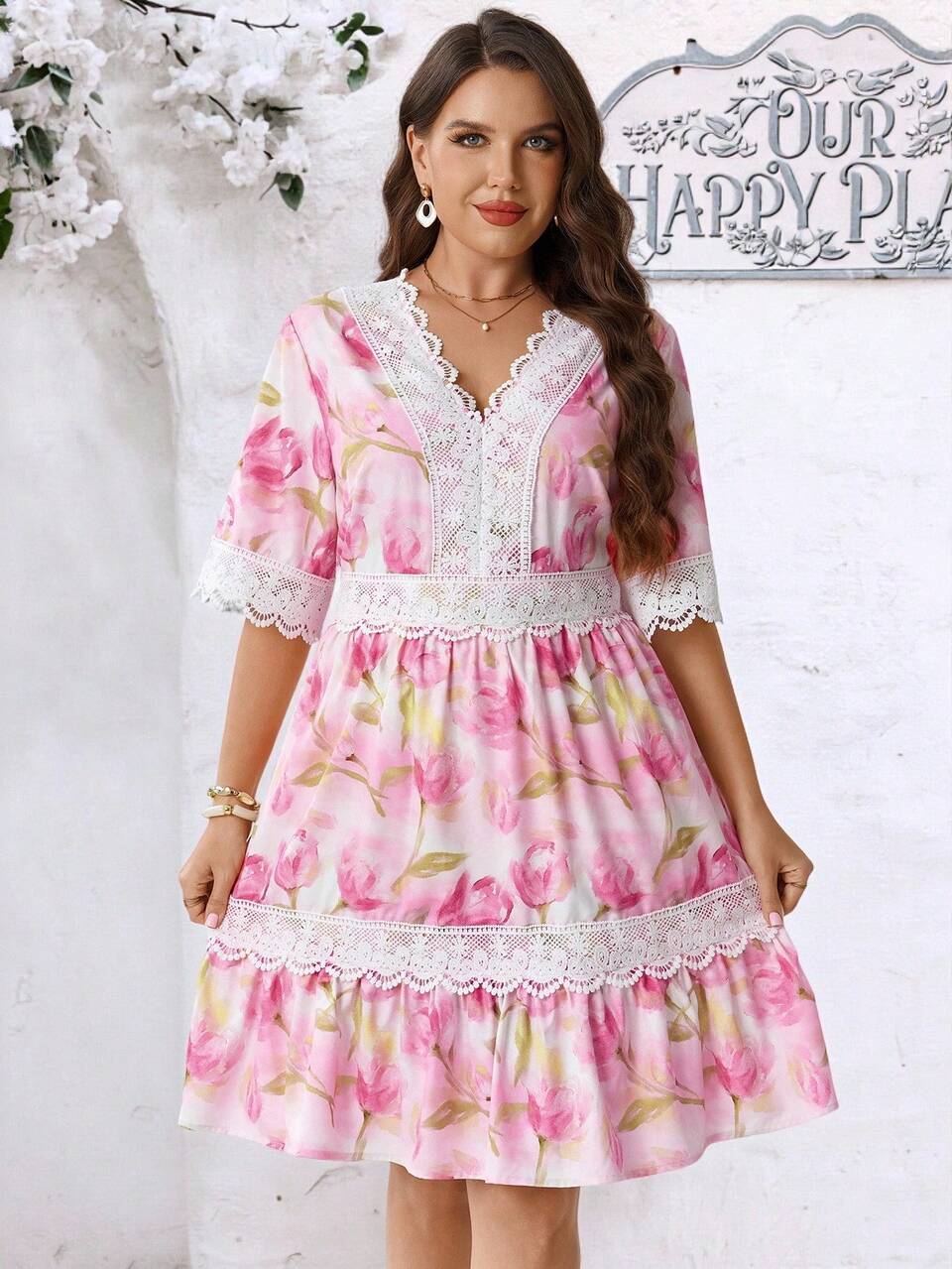 Plus Size Women's Summer Casual Elegant Vacation Floral Print Lace Trim Pleated Dress,Ruffle Dress,Going Out, Beach,Flowy Dress,Back To School,Fall