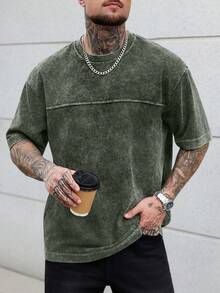 SLATEMANN 男士大尺碼夏季休閒水洗短袖T恤 - 綠色 - 查看 3