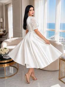 SHEIN Lady Vestido elegante de fiesta de talla grande con parches de encaje de unicolor - Blanco - Ver 4