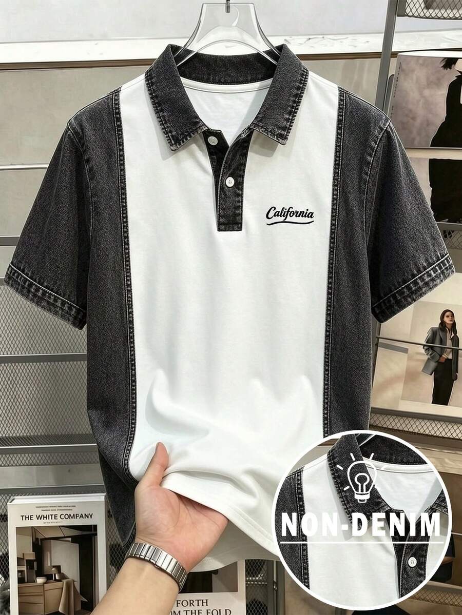 Manfinity Joysei 男士拼接牛仔效果印花短袖休閒 Polo 衫 - 黑與白 - 查看 1