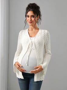SHEIN Maternity Thin Cardigan, Loose Fit, V-Neck Tie-Front, Perforated Floral Pattern, Bell Sleeve Design, Casual Daily Wear, Solid Color Versatile Long Sleeve Knit Cardigan Jacket - White - View 3