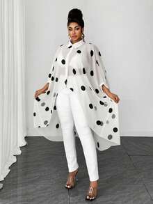 Maweii Summer Plus Size Women's Blouse, Black And White Polka Dot Chiffon Fabric, Asymmetrical Hem, Button-Front, Elegant, Semi-Sheer, Suitable For Outings And Commuting - White - View 4