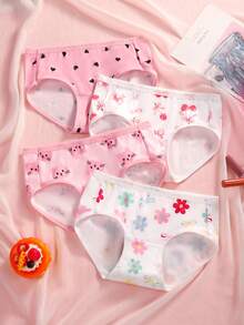 SHEIN 4件組女童少女內褲，愛心、花朵、櫻桃元素，柔軟光滑珍珠布料，適合日常基本需求、運動穿著，親膚舒適，四季輕便衣物 - 彩色 - 查看 3