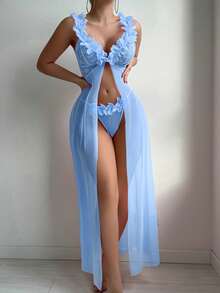 Elorette 2pcs Set: Floral Lace Contrast Mesh Maxi Nightgown + G-String Underwear, Wedding Design - Blue - View 7