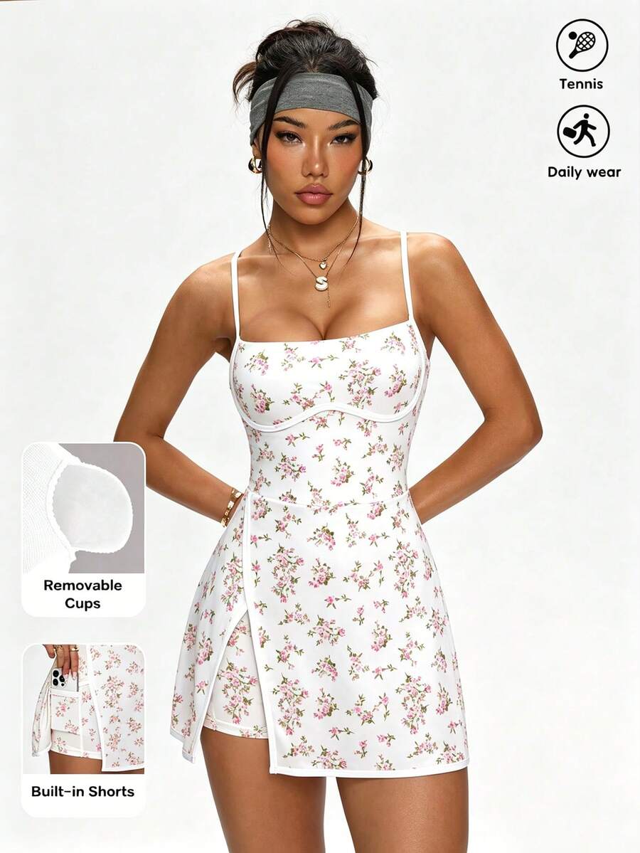 SHEIN Sovereign Charm 女款花卉印花細肩帶連身裙,附口袋,適合休閒日常穿著與運動 - 彩色 - 查看 1
