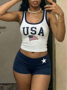 SHEIN Holidaya Summer Independence Day Women's 2 Pieces Set, Independence Day Women's Tank Top And Women's Shorts, USA Flag Print T-Shirt And Print Shorts - Blue and White - View 4