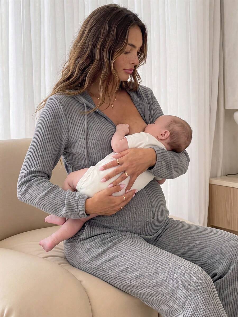 Slowluna 孕婦休閒純色連帽哺乳連身褲 - 灰色 - 查看 1