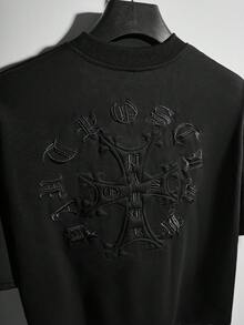 PAVTROS 男士標準版型 3D十字圖案刺繡短袖圓領T恤，休閒街頭風，純色 - 黑色 - 查看 4