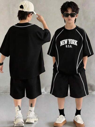 SHEIN Tween Boy Casual Black Summer T-Shirt And Shorts Tracksuit Set,Streetwear Contrast Color Round Neck Short Sleeve Top,School Outing Y2K Sports Outfit