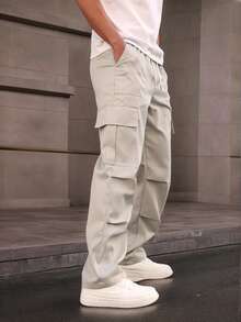 Manfinity Homme Men's Solid Color Drawstring Waist Cargo Pocket Pants, Fall - Light Grey - View 6