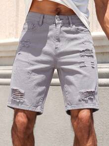 Manfinity LEGND Men's Spring/Summer Streetwear Casual Distressed Ripped Straight Leg Grey Denim Shorts - Grey - View 6
