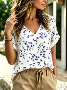 Linhara CURVE Plus Size Woven Casual Resort Daily V-Neck Short-Sleeved Summer Women's Shirt - Blue - View 4