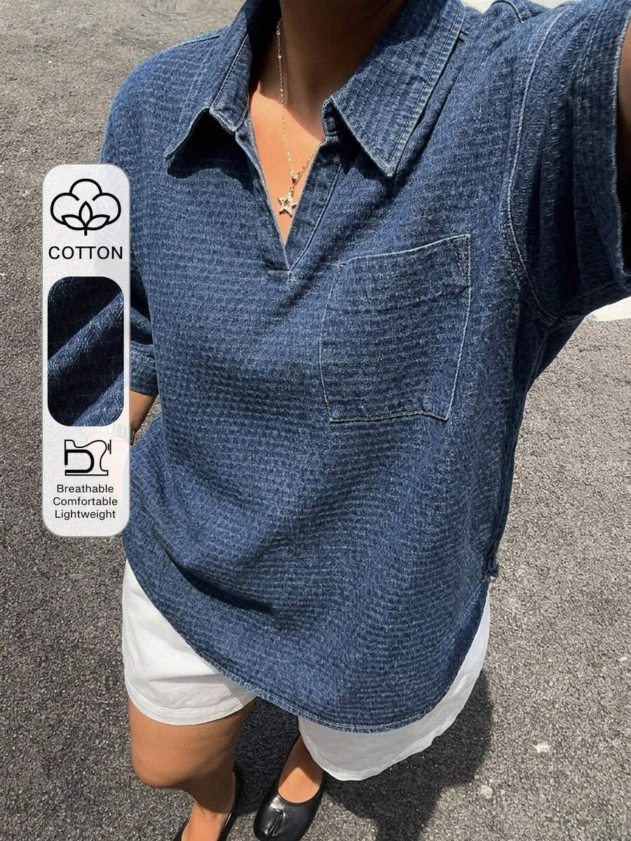 Dazy Plus 新款女款原色牛仔寬鬆休閒大尺碼短袖牛仔上衣 - 中等水洗藍 - 查看 1