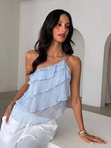 Aloruh Women's Solid Color Ruffle One Shoulder Sleeveless Blouse - Baby Blue - View 7