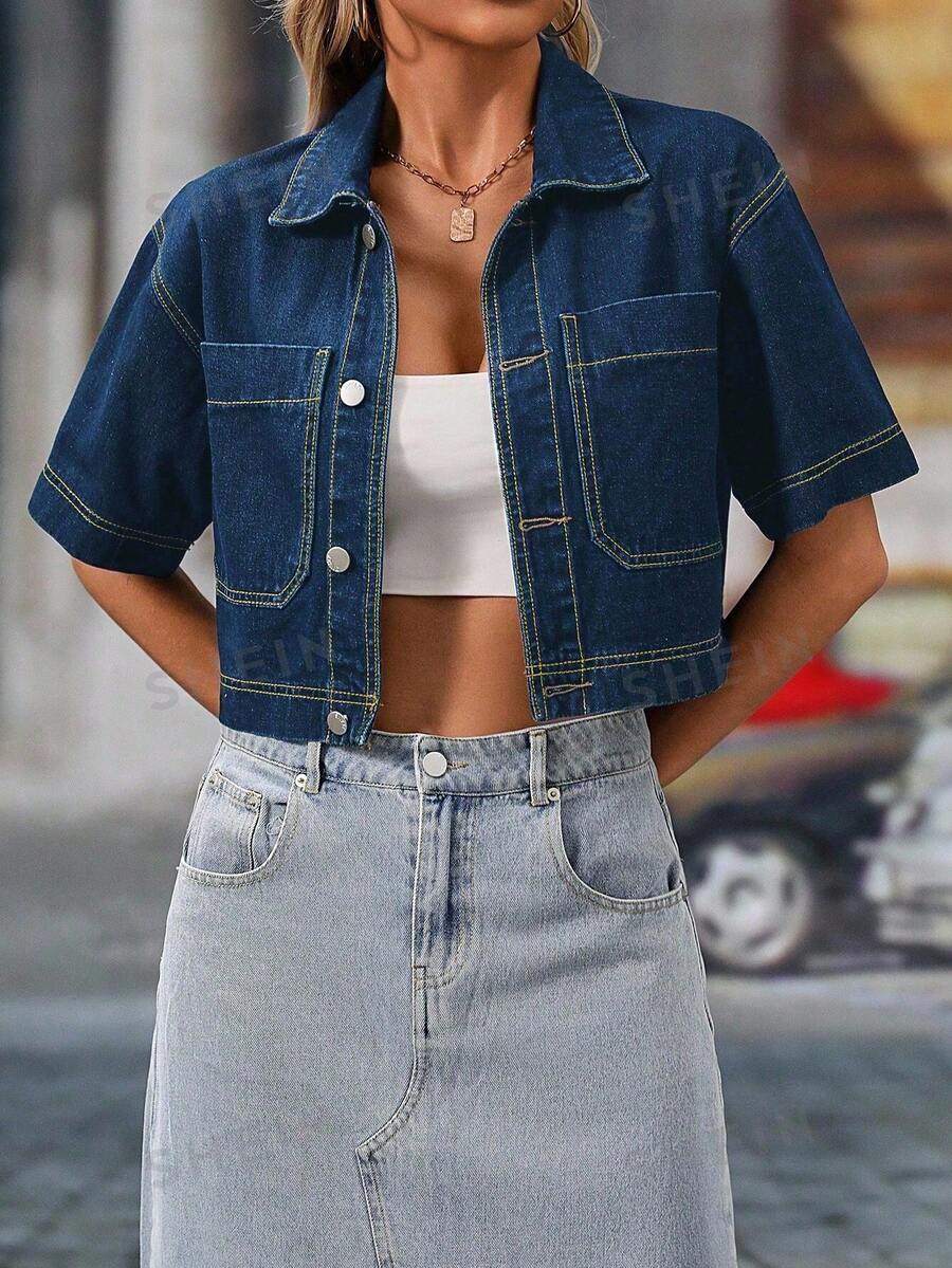 EMERY ROSE Women's Single-Breasted Casual Versatile Daily Denim Short Sleeve Jacket - Dark Wash - View 1