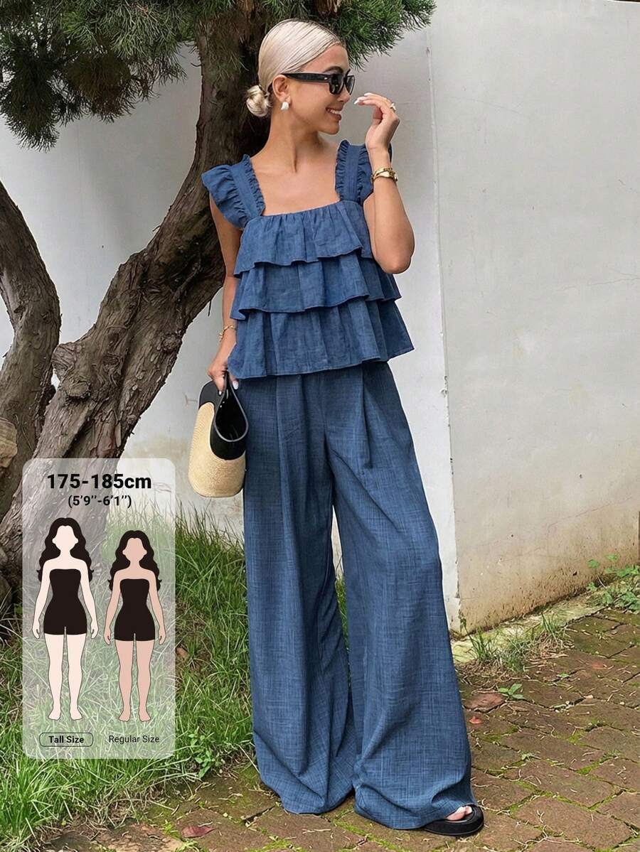 Livesso Tall Women's Ruffle Tank Top And Loose Long Pants Vacation Style Two Pieces Set Summer - Blue - View 1