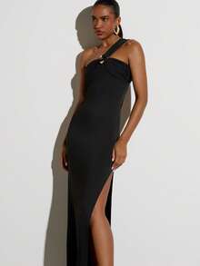 KSTM Asymmetrical One-Shoulder Draped Maxi Dress With Black Hardware Detail And Side Slit Evening Gown Night Out Summer Sexy - Black - View 4