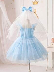 SHEIN Glamorique Kids 女孩公主洋裝，細肩帶搭配荷葉袖，藍色薄紗公主長裙，亮片薄紗，舞會禮服，優雅正式洋裝，畢業禮服，夏季洋裝 - 藍色 - 查看 3