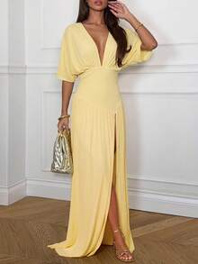Ronhire Women's Solid Yellow/Cream Deep V-Neck High Slit Fitted Mesh Dress, Spring/Summer - Light Yellow - View 4