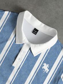 Manfinity Hypemode 男士休閒經典條紋丹寧效果馬標 Polo 衫，夏季首選 - 彩色 - 查看 4