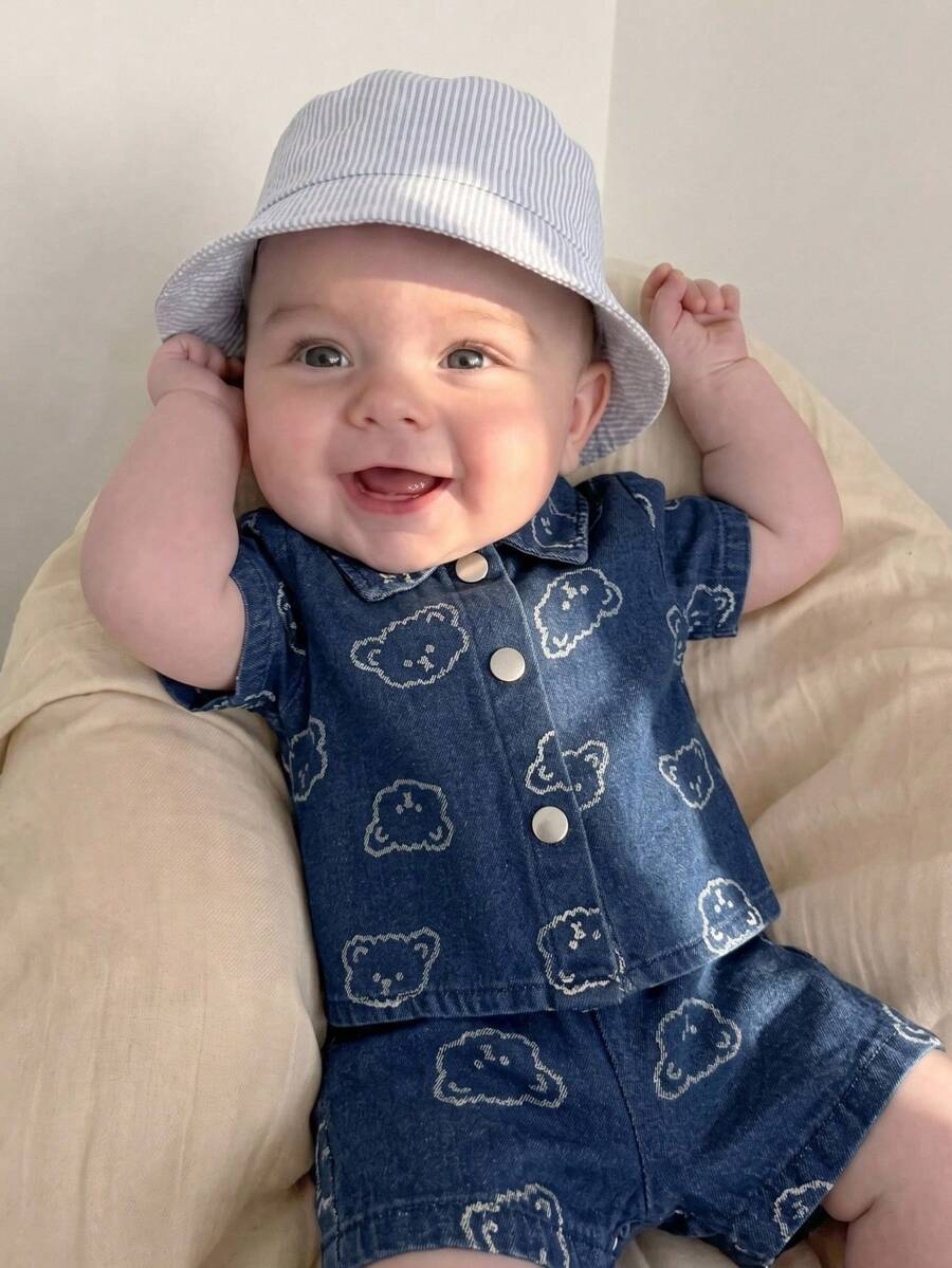 Vintaside Kids Newborn Cute Bear Head Print Soft Denim Collared 2 Pieces Set, Casual & Fashionable Summer Outfit - Blue - View 1