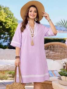 Rosumi Plus Size Women's Summer Casual Boho Smart Casual Bohemian Striped White 3/4 Sleeve Dress Wedding Guest Vacation - Pink - View 7