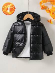 SHEIN 男童黑色皮革連帽填充外套，休閒日常穿著，適合通勤、戶外活動、短途旅行、公園遊玩，冬季新品 - 黑色 - 查看 3
