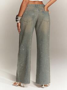 Denimoi Women's Fashion Washed Rhinestone Low Waist Jeans - Light Wash - View 11